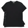 Black cotton jersey crewneck pullover swing-style T-shirt with faux leather lace-up side seams