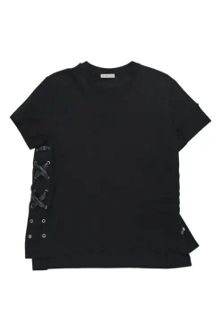 Black cotton jersey crewneck pullover swing-style T-shirt with faux leather lace-up side seams