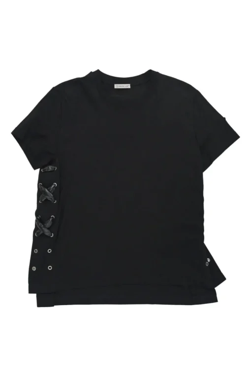 Black cotton jersey crewneck pullover swing-style T-shirt with faux leather lace-up side seams