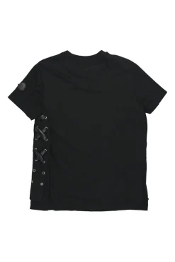 Black cotton jersey crewneck pullover swing-style T-shirt with faux leather lace-up side seams