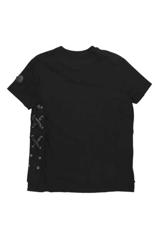 Black cotton jersey crewneck pullover swing-style T-shirt with faux leather lace-up side seams