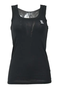 Black cotton jersey interlock jersey knit pullover tank top with contrasting chest logo R patch in leather