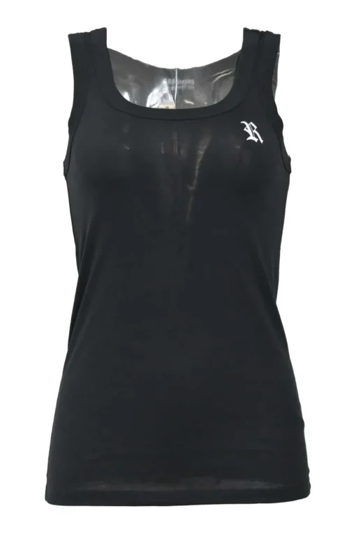Black cotton jersey interlock jersey knit pullover tank top with contrasting chest logo R patch in leather