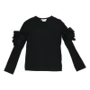Black cotton jersey long sleeve crewneck pullover top with self floral sleeve appliqué