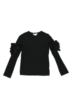 Black cotton jersey long sleeve crewneck pullover top with self floral sleeve appliqué