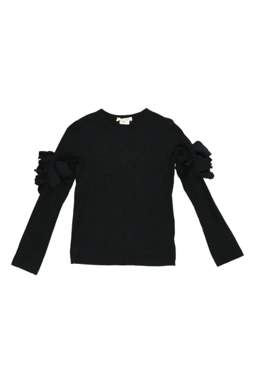 Black cotton jersey long sleeve crewneck pullover top with self floral sleeve appliqué