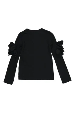 Black cotton jersey long sleeve crewneck pullover top with self floral sleeve appliqué