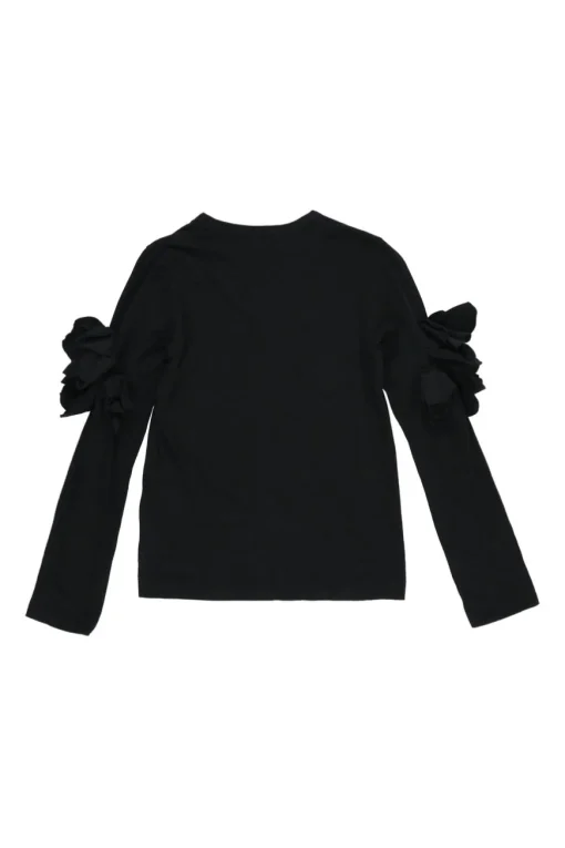 Black cotton jersey long sleeve crewneck pullover top with self floral sleeve appliqué