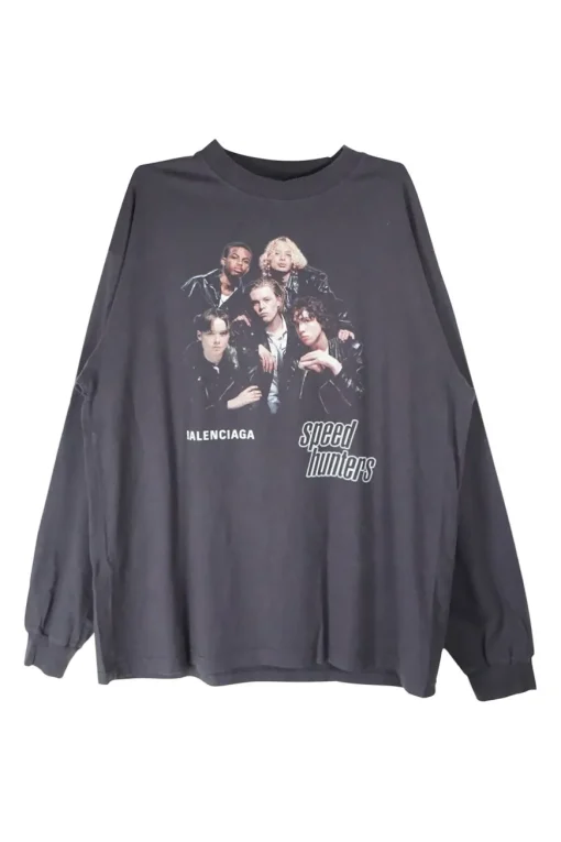 Black cotton jersey merch-inspired oversized crewneck 'Speed Hunters' boyband tour tee