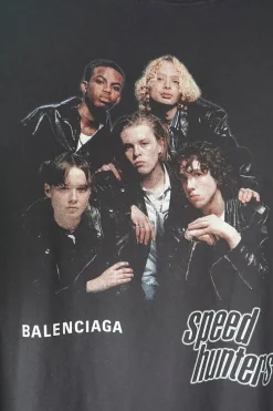 Black cotton jersey merch-inspired oversized crewneck 'Speed Hunters' boyband tour tee