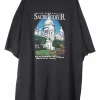 Black cotton jersey oversized pullover crewneck screen-printed t-shirt featuring Sacré Coeur motif