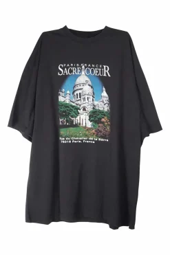Black cotton jersey oversized pullover crewneck screen-printed t-shirt featuring Sacré Coeur motif