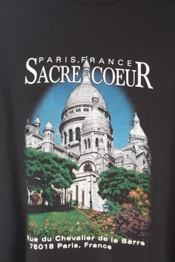 Black cotton jersey oversized pullover crewneck screen-printed t-shirt featuring Sacré Coeur motif