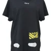 Black cotton jersey pullover T-shirt with spray paint logo at the front and signature diagonal stripe logo printed on the back