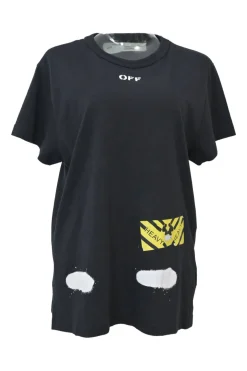 Black cotton jersey pullover T-shirt with spray paint logo at the front and signature diagonal stripe logo printed on the back