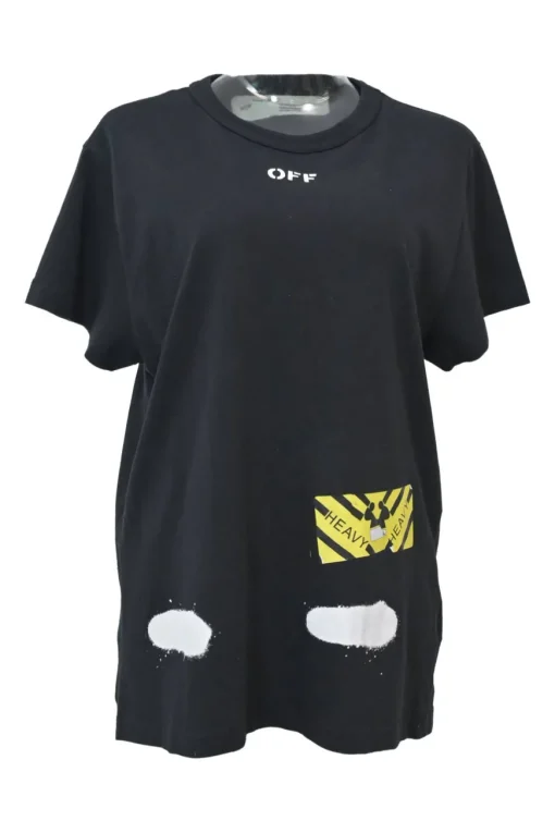 Black cotton jersey pullover T-shirt with spray paint logo at the front and signature diagonal stripe logo printed on the back