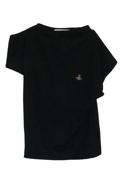 Black cotton jersey pullover asymmetric Hebo top with signature orb chest embroidery