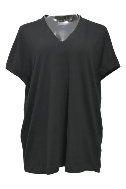 Black cotton jersey pullover V-neck T-shirt