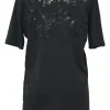 Black cotton jersey scoop neck knit top with tonal floral lace insert along centre back