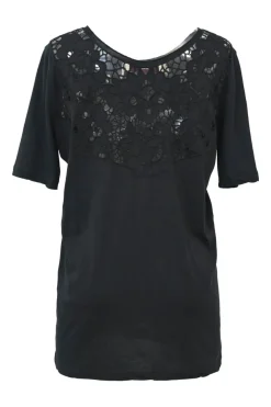 Black cotton jersey scoop neck knit top with tonal floral lace insert along centre back