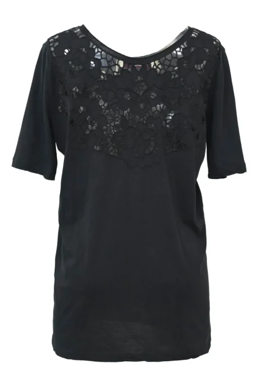 Black cotton jersey scoop neck knit top with tonal floral lace insert along centre back