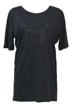 Black cotton jersey scoop neck knit top with tonal floral lace insert along centre back