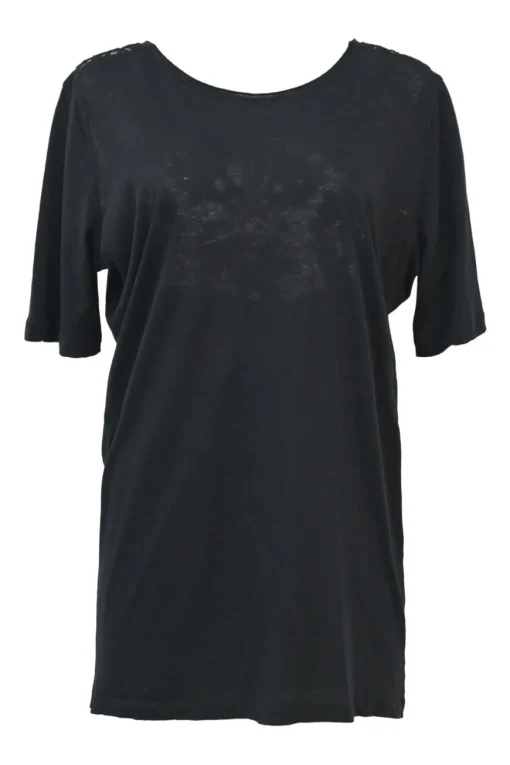 Black cotton jersey scoop neck knit top with tonal floral lace insert along centre back