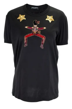 Black cotton jersey T-shirt with sequin, glass beads and crystal embellishment