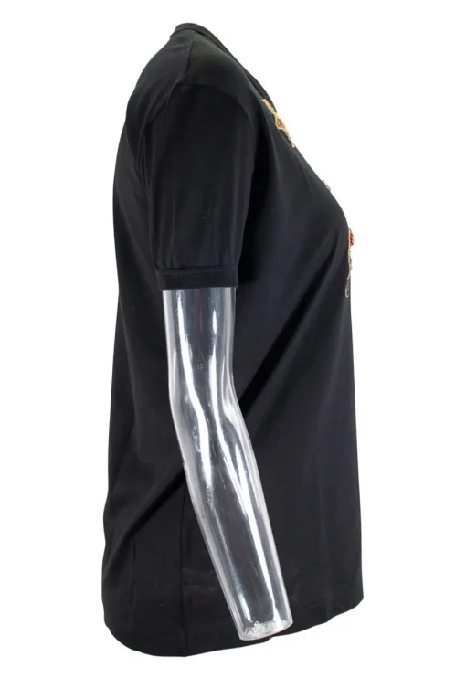 Black cotton jersey T-shirt with sequin, glass beads and crystal embellishment
