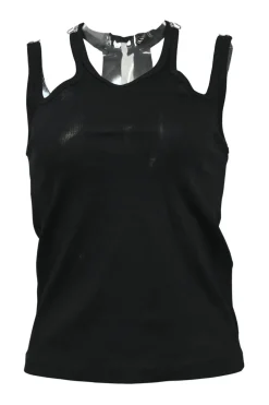 Black cotton micro-rib jersey knit twin-strap slash shoulder racerback tank top