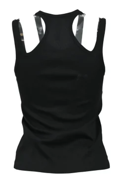 Black cotton micro-rib jersey knit twin-strap slash shoulder racerback tank top
