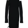 Black cotton micro-rib ruched drawstring lace knit dress with slash shoulders and curved hem
