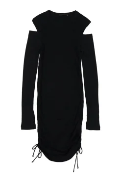 Black cotton micro-rib ruched drawstring lace knit dress with slash shoulders and curved hem