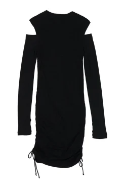 Black cotton micro-rib ruched drawstring lace knit dress with slash shoulders and curved hem