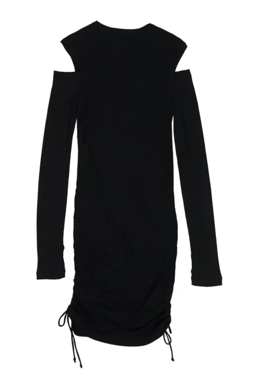 Black cotton micro-rib ruched drawstring lace knit dress with slash shoulders and curved hem