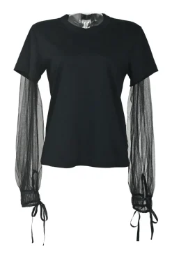 Black cotton mixed-media pullover peek-a-boo T-shirt with semi-sheer polyester ribbon-tie bishop sleeves