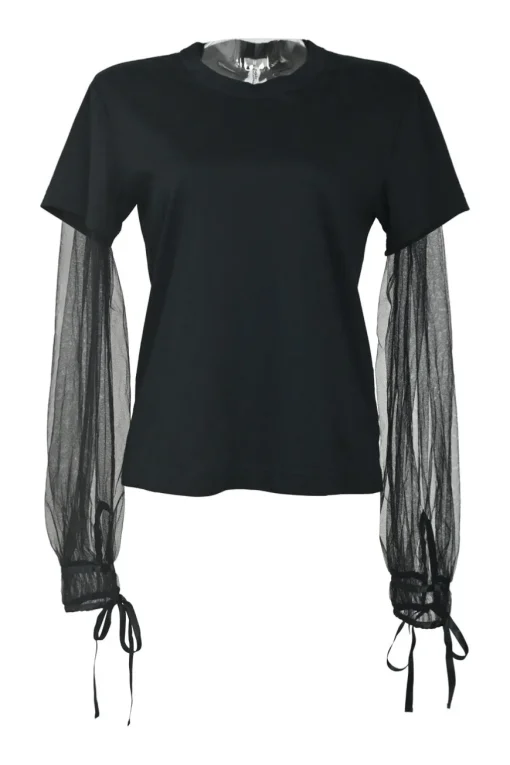 Black cotton mixed-media pullover peek-a-boo T-shirt with semi-sheer polyester ribbon-tie bishop sleeves