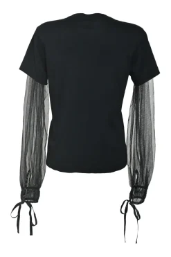 Black cotton mixed-media pullover peek-a-boo T-shirt with semi-sheer polyester ribbon-tie bishop sleeves