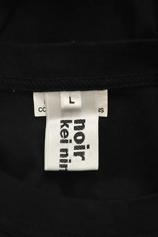 Black cotton mixed-media pullover peek-a-boo T-shirt with semi-sheer polyester ribbon-tie bishop sleeves