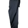 Black cotton one shoulder draped midi dress with leather trim knot at shoulder