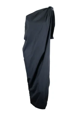 Black cotton one shoulder draped midi dress with leather trim knot at shoulder