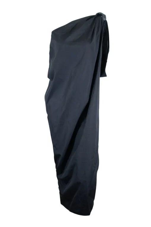 Black cotton one shoulder draped midi dress with leather trim knot at shoulder
