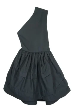 Black cotton one shoulder twist open-back mini bubble skater dress