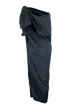 Black cotton one shoulder draped midi dress with leather trim knot at shoulder