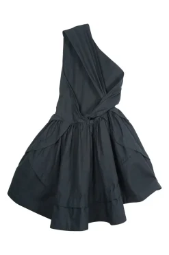 Black cotton one shoulder twist open-back mini bubble skater dress