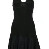 Black cotton paneled jersey knit drop-waist bustier mini dress with woven poplin ruffle skirt