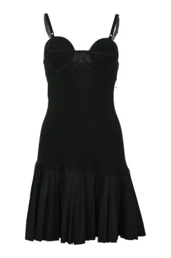 Black cotton paneled jersey knit drop-waist bustier mini dress with woven poplin ruffle skirt
