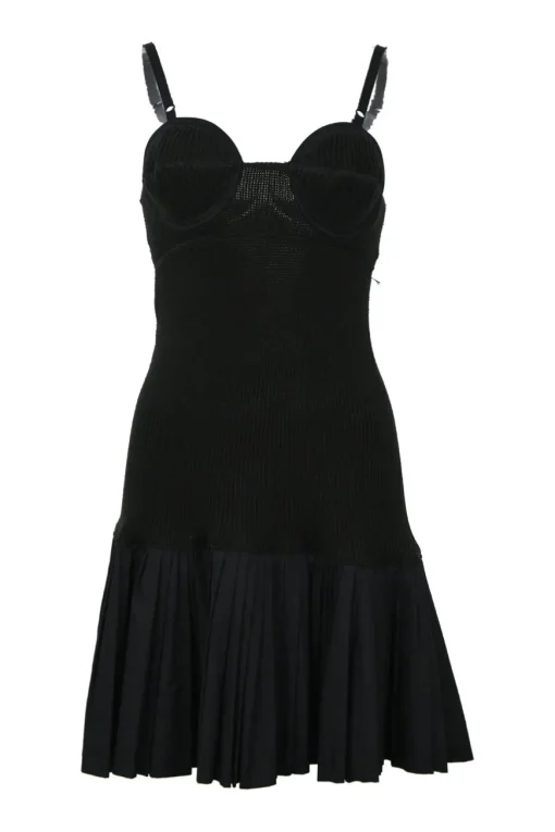 Black cotton paneled jersey knit drop-waist bustier mini dress with woven poplin ruffle skirt