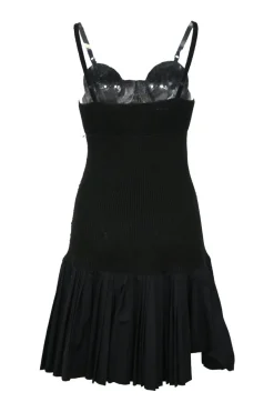 Black cotton paneled jersey knit drop-waist bustier mini dress with woven poplin ruffle skirt