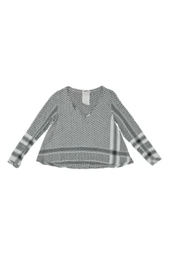 Black cotton patchwork check jacquard swing-style long sleeve Y-collar blouse